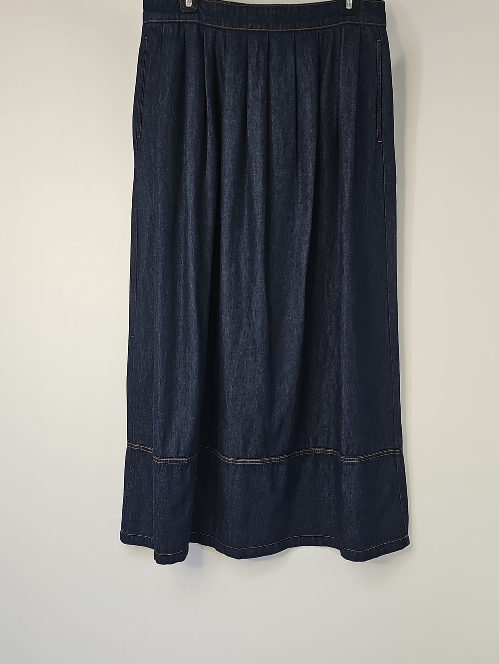 ana Long Dark Blue Denim Maxi Skirt wGold Stitch Deep Side Pockets Prarie Rustic